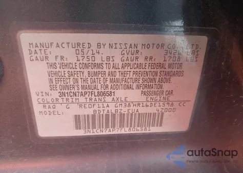 2015 Nissan Versa 1.6 Sv from USA, damaged, VIN 3N1CN7AP7FL806581